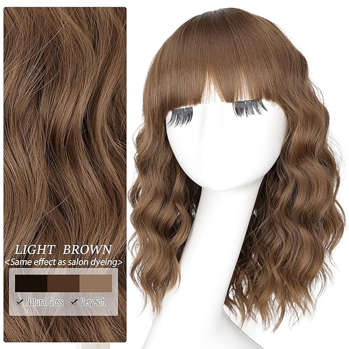 Nnzes Wig Bangs Light Brown Short Wavy Hair for Women Natural Looking Heat Resistant Bob Wigs with Synthetic Wig for Daily Party Use