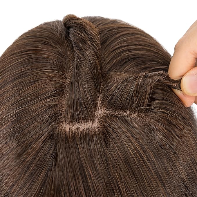 Hairro Human Hair Toppers Free Parted, 3.5x4.7" Base Hand-wovened 100% Real Hairpieces, with Invisible Clips-in for Women, for High Hairline/Adding Volume on Top, 10 Inch Dark Brown