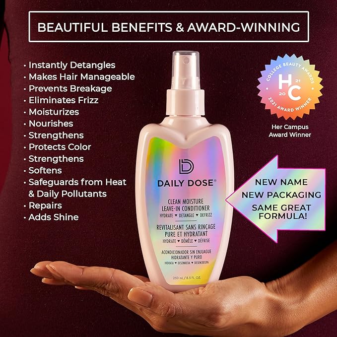 DAILY DOSE Award-Winning Clean Moisture Leave In Conditioner Spray Detangler for Dry, Damaged & Frizzy Hair. Instantly Softens, Smooths & Adds Shine for Kids & Adults. Vegan, Sulfate-Free, Color Safe