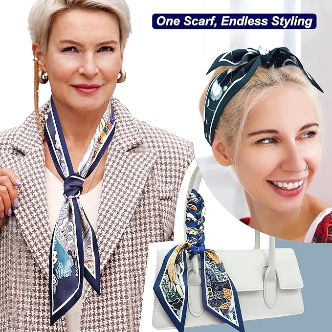 Skinny Scarf 3 Pack for Women – Bag Scarf, Silk Hair Scarves (Original Prints, Premium Twill, 3 Designs)