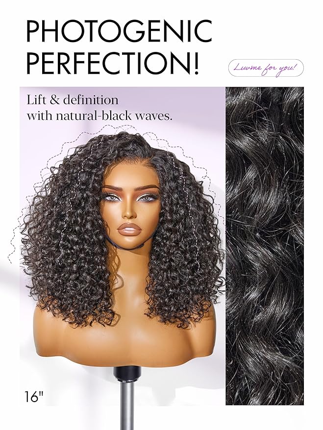 LUVME HAIR Curly Deep Wave Glueless Lace 100% Human Hair Short Wigs 14 Inches Pre Cut Plucked Hd Lace Wig Ready To Go Natural Color Bleached Knots Side Part Black Wigs 14 Inches