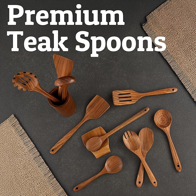 PriorityChef Premium Wooden Spoons for Cooking - 6pc Smooth Finish Teak Wooden Utensil Set with Hanging Hooks, Heat-Resistant & Nonstick Safe, Ideal for Gifting