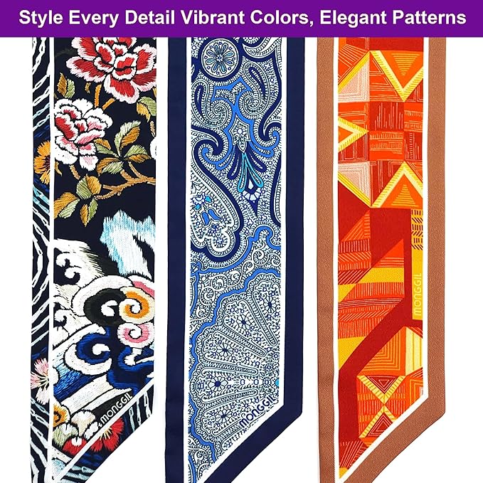 Skinny Scarf 3 Pack for Women – Bag Scarf, Silk Hair Scarves (Original Prints, Premium Twill, 3 Designs)