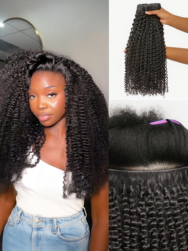 LUVME Invisible Clip ins Hair Extensions Deep Kinky Curly Real Human Hair Remy Hair Clip ins for Women, Natural Human Hair, 20 inch 110g 6Pcs, Natural Black