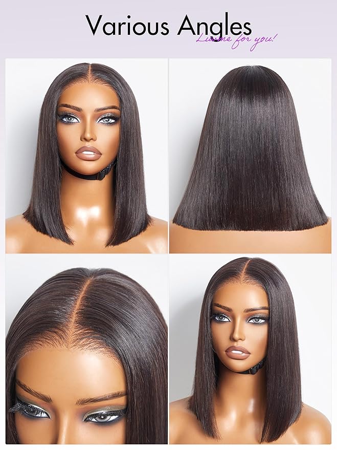 LUVME HAIR 12 Inch Glueless Bob Wigs Human Hair Pre Plucked, 5x5 HD Lace Closure Wigs Human Hair 180 Density, Ready to Go Blunt Cut Bob Wig with Bleached Knots & Pre Cut Lace