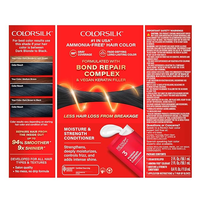 Revlon ColorSilk with Bond Repair Complex, Black Permanent Hair Color, 100% Gray Coverage, Ammonia Free Hair Dye, Vegan Keratin, 12 Natural Blue Black (Pack of 3)