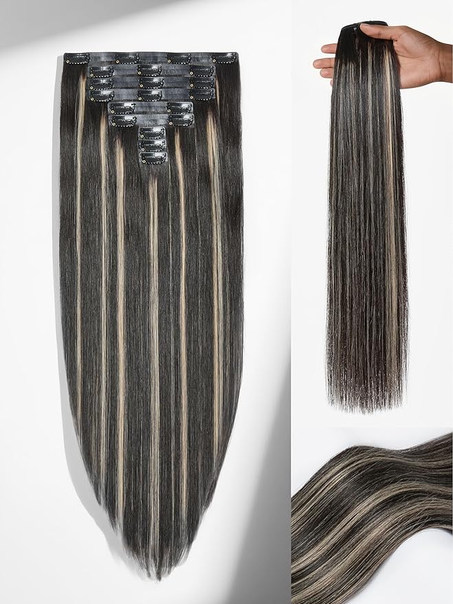 LUVME Balayage Clip in Hair Extensions, 135g 14 Inch Highlight Color Human Hair Extensions Thick Real Human Hair Clip on Double Weft Remy Hair