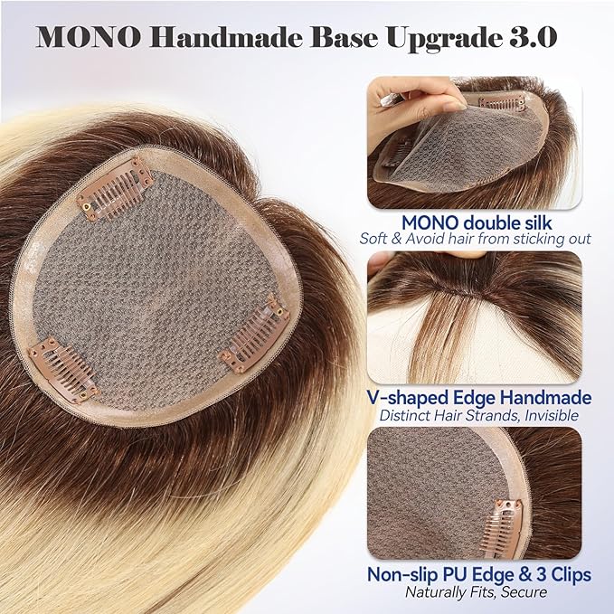 HAIRCUBE Hair Toppers for Women 100% Real Human Hair, Ombre Light Blonde, 6"*5.5"MONO Large Base,65g Hand-moven Real Human HairToppers for Women with ThinningHair