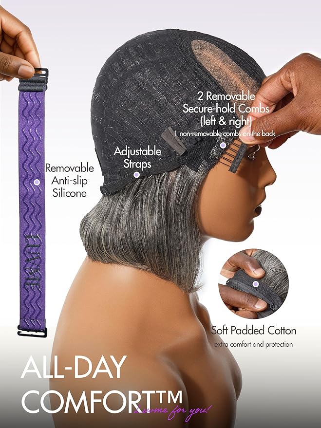 LUVME HAIR Salt & Pepper Layered Bob 100% Human Hair Wig Glueless Pre-Cut Lace Wig Gray Wigs For Women Short Grey Hair Glueless 10 Inches Bob Wigs Pre Plucked Pre Cut Pixie Cut