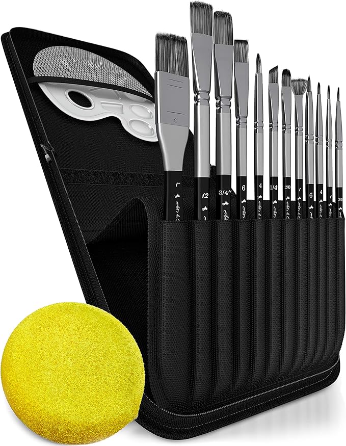 ADI&Guys Paint Brush Set – 12 Brushes with Travel Case, Mixing Palette & Sponge – for Acrylic, Oil, Watercolor & Face Painting – Art Supplies for Kids & Artists