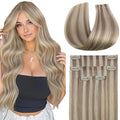 Full Shine Seamless Clip in Hair Extensions Human Hair, Highlights Blonde to Ash Blonde Real Hair Extensions Clip in, 4Pcs 20Inch 95 grams, Seamless Wefts for Thin Hair Add Volume