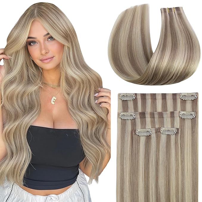 Full Shine Seamless Clip in Hair Extensions Human Hair, Highlights Blonde to Ash Blonde Real Hair Extensions Clip in, 4Pcs 20Inch 95 grams, Seamless Wefts for Thin Hair Add Volume