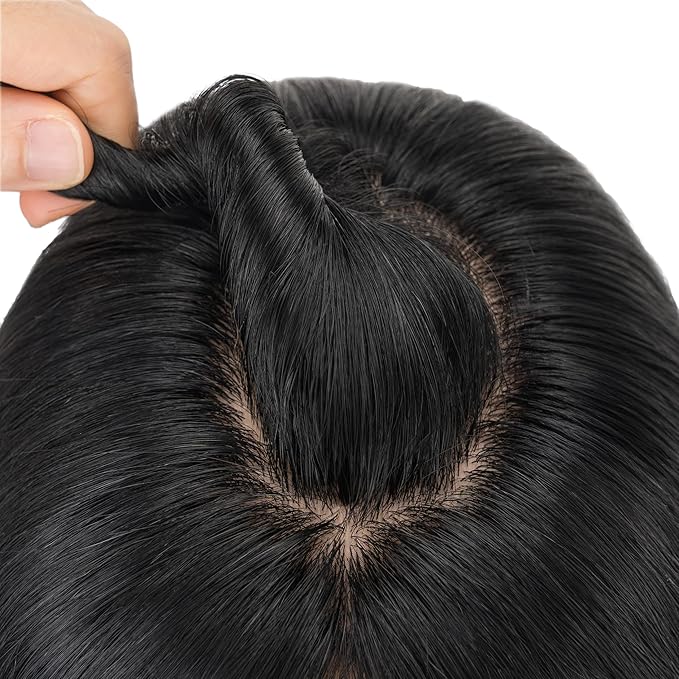 Hairro Human Hair Toppers Free Parted, 3.5x4.7" Base Hand-wovened 100% Real Hairpieces, with Invisible Clips-in for Women, for High Hairline/Adding Volume on Top, 10 Inch Jet Black