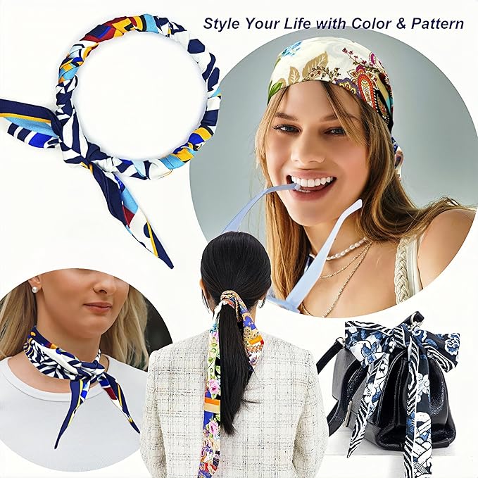 Skinny Scarf 3 Pack for Women – Bag Scarf, Silk Hair Scarves (Original Prints, Premium Twill, 3 Designs)