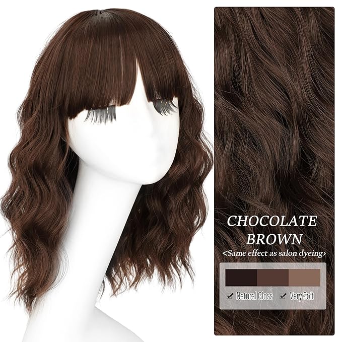 Nnzes Short Wavy Bob Wig with Bangs for Women Shoulder Length Curly Brown Chocolate Synthetic Heat-Resistant Fiber Hair for Daily & Party Use