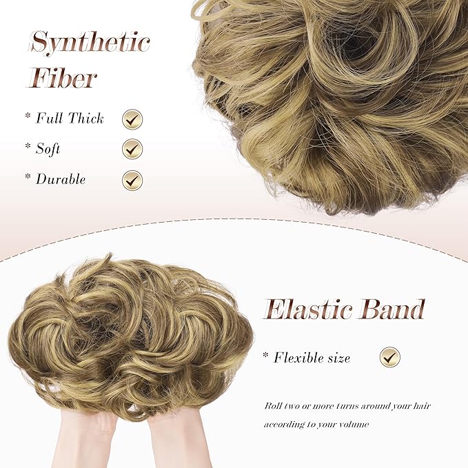 FESHFEN Messy Bun Hair Piece - Elastic Wavy Curly Hair Bun Scrunchies Extensions Synthetic Chignon Hairpieces for Women, Ash Brown & Blonde 1.5 oz
