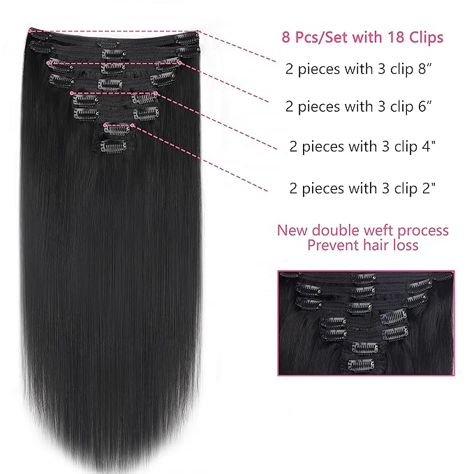 Clip on Hair Extensions Real Human Hair Clip ins 28 Inch Long Clip ins Remy Human Hair For Women Natural Straight Seamless Clip in Hair Extensions(28inch,#1B)