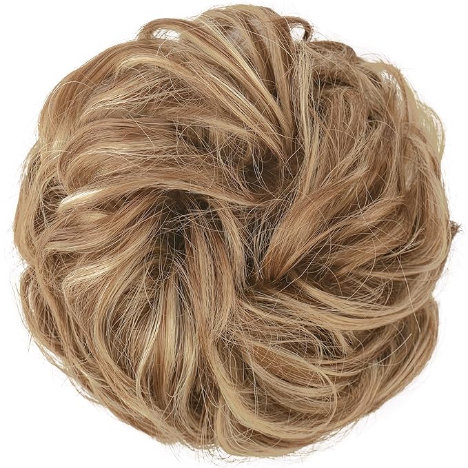 FESHFEN Messy Bun Hair Piece - Elastic Wavy Curly Hair Bun Scrunchies Extensions Synthetic Chignon Hairpieces for Women, Light Brown & Mixed Blonde 1.5 oz