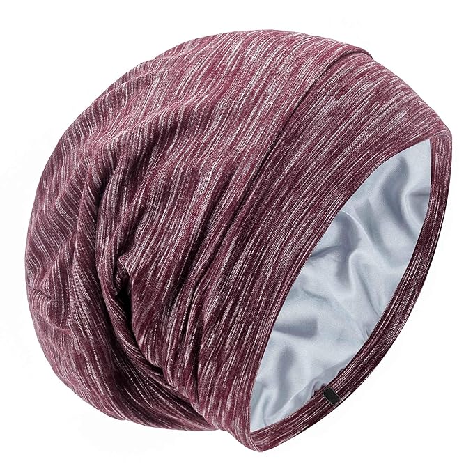 Silk Satin Lined Bonnet Sleep Cap - Adjustable Stay on All Night Hair Wrap Cover Slouchy Beanie for Curly Hair Protection for Women and Men - Heather Burgundy