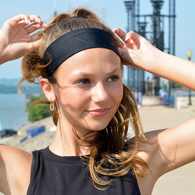 FROG SAC Sport Headbands for Girls, Adjustable No Slip Sweat Wicking Athletic Hair Bands for Women, Stretch Elastic Workout Headband with Velvet Grip for Yoga Running Exercise Gym (Black)