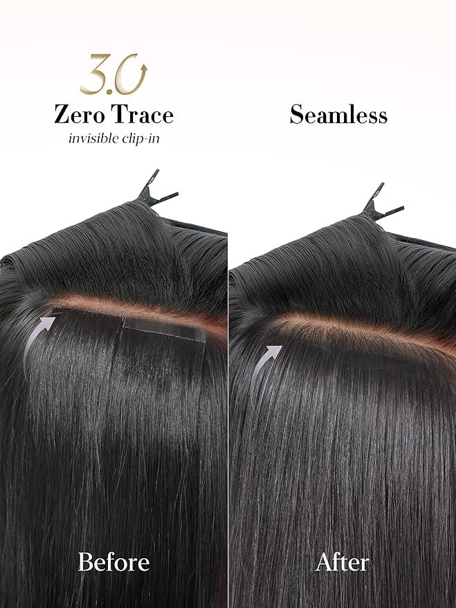 LUVME 0.59mm Zero Trace Invisible Clip in Hair Extensions, Yaki Straight 6 Pcs 100g 22 Inch, 100% Real Human Hair Clip Ins, Zero Trace Wide Wefts, Fast Clip In Routine for Office & Special Events