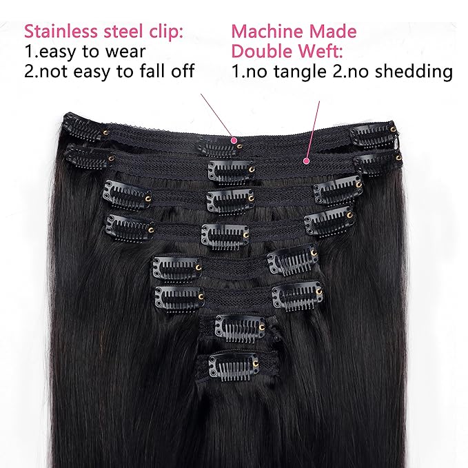 EasiContour Clip in Hair Extensions Real Human Hair Clip ins For Women 100% Unprocessed Brazilian Virgin Hair Straight Clip on Hair Extensions 8pcs With 18 Clips 120g(12inch,#1B)