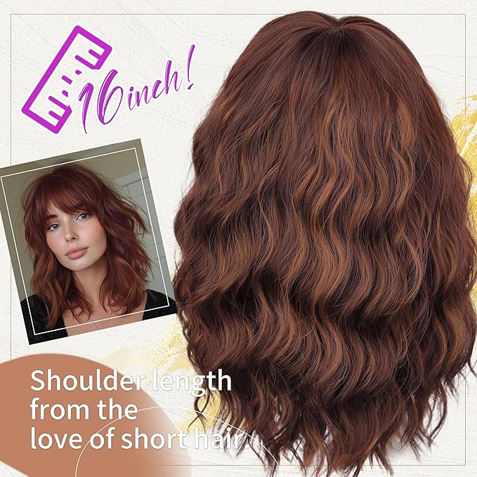Nnzes Short Wavy Wig with Bangs for Women Shoulder Length Bob Curly Women's Charming Synthetic Natural Wavy Brown highlight Heat Resistant Hair for Daily Party Use