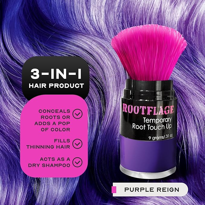 Temporary Hair Color, Fun Colored Hair Powder - Temporary Hair Dye, Root Concealer, Hair Texturizer, Kabuki Applicator with Detail Brush Included (Purple Reign)
