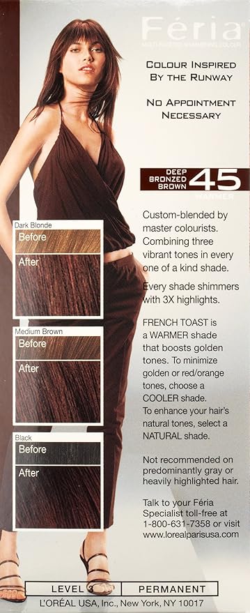 L'Oreal Paris Feria Multi-Faceted Shimmering Permanent Hair Color, 45 French Roast (Deep Bronzed Brown), Pack of 2 Hair Dye Kit