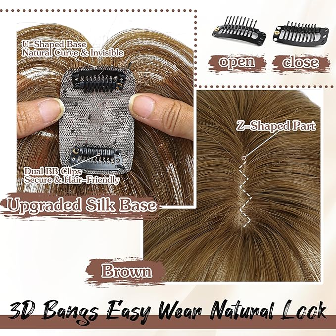 Hair Toppers for Women Real Human Hair - 360° Coverage Brown Clip In Topper with Bangs for Thinning Hair Upgraded 4×6 cm Silk Base Ideal for Everyday Use