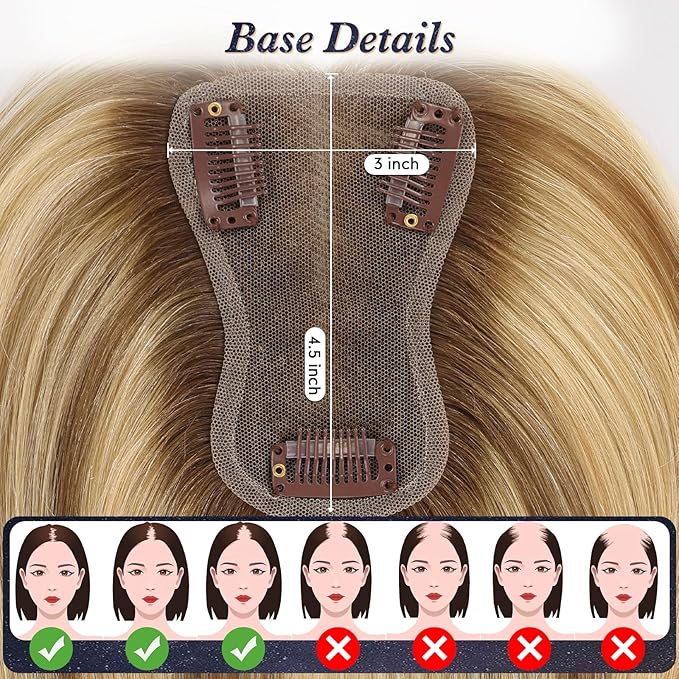 starluck Real Human Hair Toppers for Women 10 Inch Human Hair Topper no Bangs, 3 * 4.5 inches Swiss Base Suitable for ThinningHair Cover Grey Roots(Ombre P721A#)