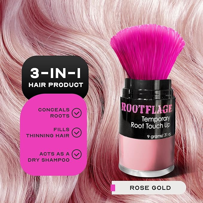Rootflage Temporary Hair Color, Fun Colored Hair Powder - Temporary Hair Dye, Root Concealer, Hair Texturizer, Kabuki Applicator with Detail Brush Included, .31 oz (Rose Gold)