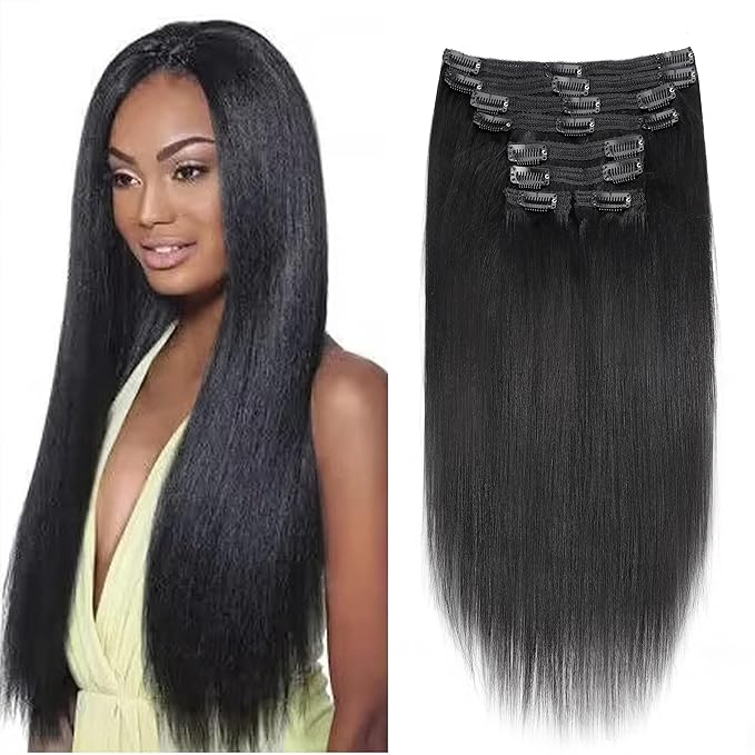 Yaki Straight Clip in Hair Extensions For Women 100% Unprocessed Brazilian Virgin Hair Clip on Hair Extensions Yaki Straight Clip ins 120g/set(26 Inch)
