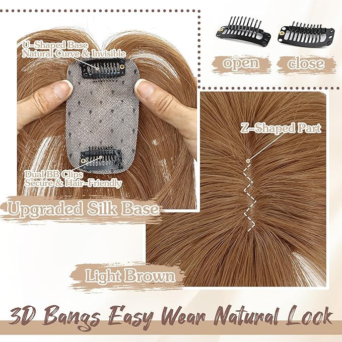 Hair Toppers for Women Real Human Hair - 360° Coverage Light Brown Clip In Topper with Bangs for Thinning Hair Upgraded 5×9 cm Silk Base Ideal for Everyday Use