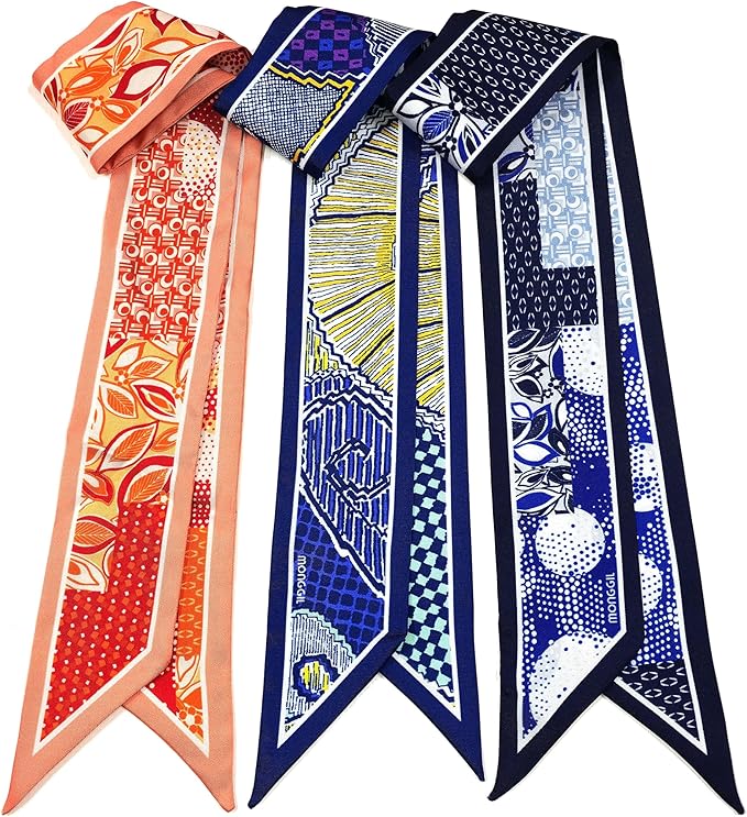 Skinny Scarf 3 Pack for Women – Bag Scarf, Silk Hair Scarves (Original Prints, Premium Twill, 3 Designs)