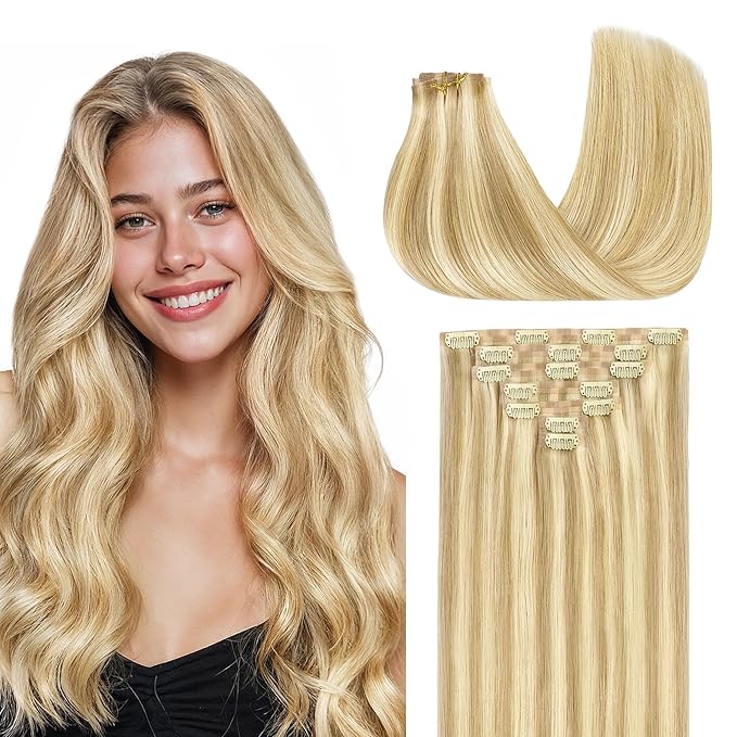 GOO GOO Clip in Hair Extensions Real Human Hair, Remy Human Hair Extensions Clip ins for Women, Natural Human Hair, 22inch 160g 7Pcs, #18D/22F Dirty Blonde Highlights