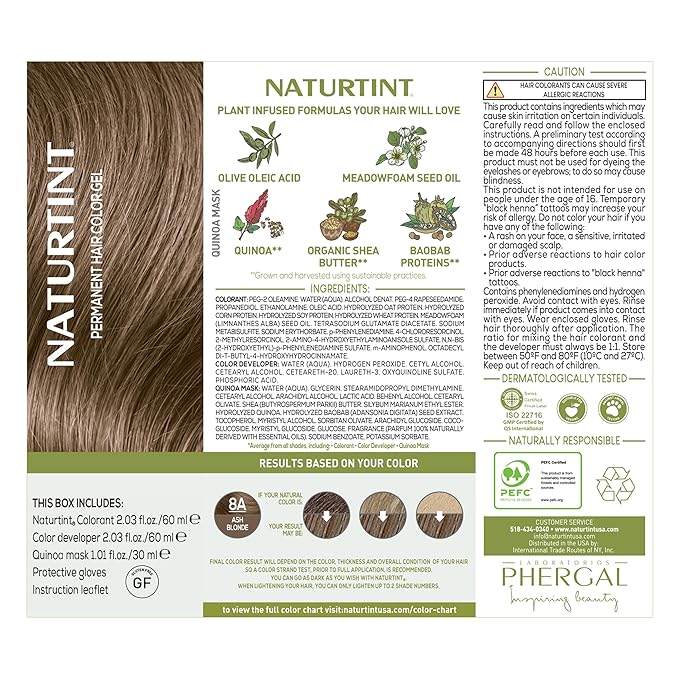 Naturtint 8A Ash Blonde Permanent Hair Color (Pack of 1), Ammonia Free, Vegan, Cruelty Free, up to 100% Gray Coverage, Long Lasting Results (Packaging may vary)
