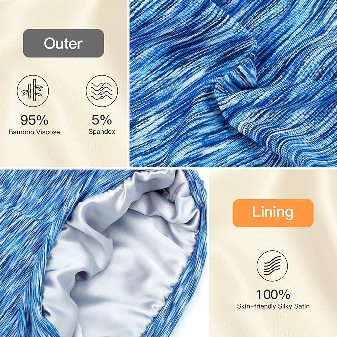 Silk Satin Lined Bonnet Sleep Cap - Adjustable Stay on All Night Hair Wrap Cover Slouchy Beanie for Curly Hair Protection for Women and Men - Heather SkyBlue