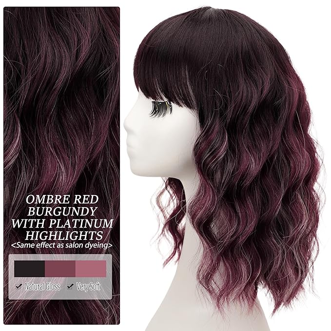 Nnzes Short Wavy Bob Wig with Bangs for Women Shoulder Length Curly Ombre Red Burgundy Highlight Synthetic Heat-Resistant Fiber Hair for Daily & Party Use