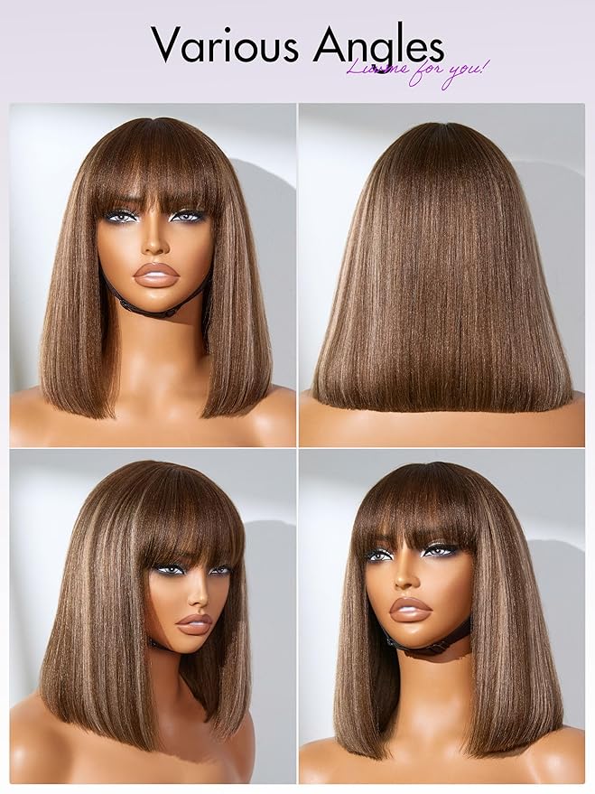 LUVME HAIR 12Inch Ash Blonde Highlights Yaki Blunt Cut Bob Wig with Bangs Glueless Minimalist Lace Short Wig Breathable Cap