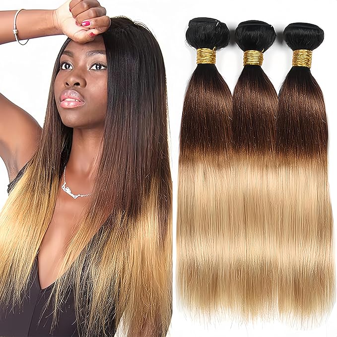 Ombre Bundles Human Hair Brown Straight Bundle Brazilian Virgin Remy Hair 3 Bundles 20 22 24 Inch Niegmeag Double Weft 3 Tone Brown and Honey Blonde Straight Bundle Hair Weave 300g