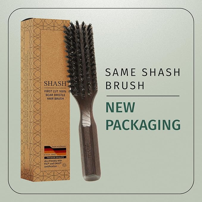 SHASH 100% First Cut Boar Bristle Hair Brush, Suitable For Thin To Normal Hair - Naturally Conditions Hair, Improves Texture, Exfoliates, Stimulates, Made in Germany (Black, Small)
