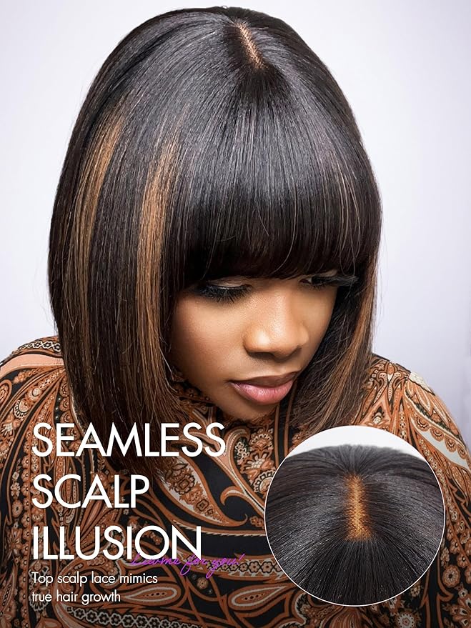 LUVME HAIR 12 Inch Yaki Straight Bob Wig with Bangs Human Hair Glueless HD Lace Bob Wig with Brown Highlights, Ready to Go Short Wigs For Women 180 Density Breathable Cap