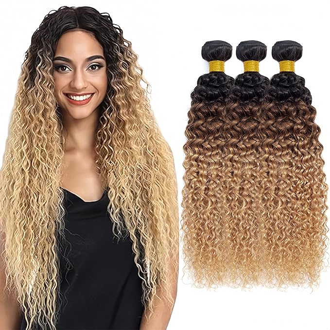 Honey Blonde Bundles Human Hair Ombre Curly Bundle 3 Tone Black and Blonde Kinky Curly Bundle Niegmeag Brazilian Virgin Soft and Silky Remy Hair 3 Bundles 26 28 30 Inch