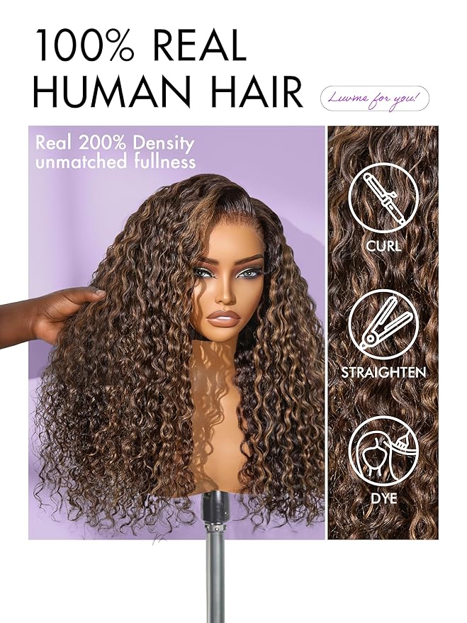 LUVME HAIR 7x6 HD Lace All-Day Comfort Wig PartingMax Lace Wigs Water Wave Curly Lace Front Wigs Human Hair Pre Cut Plucked Lace Frontal Glueless 20 Inches Hlighlight Color