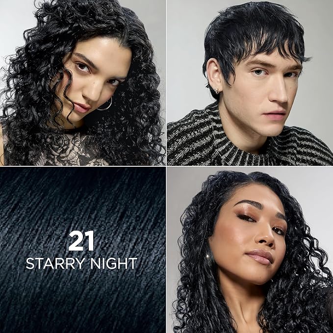 L'Oreal Paris Feria Multi-Faceted Shimmering Permanent Hair Color, 21 Starry Night (Bright Black), Pack of 1 Hair Dye Kit