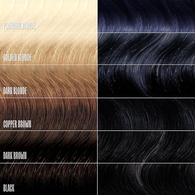 Hair color swatches from platinum blonde to black.