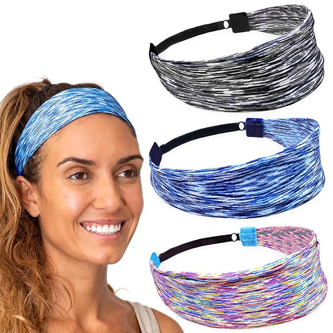 FROG SAC Sport Headbands for Girls, Adjustable Non Slip Athletic Sports Hair Bands for Women, Stretch Elastic Workout Mesh Headband for Yoga Running Exercise Soccer (Rainbow/Black/Blue Tie Dye)