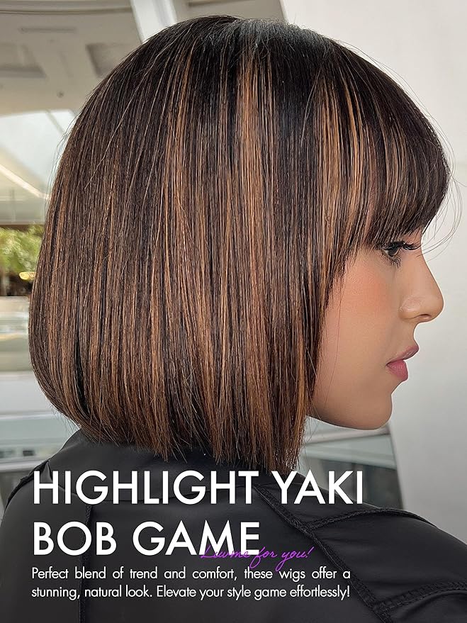LUVME HAIR 12 Inch Yaki Straight Bob Wig with Bangs Human Hair Glueless HD Lace Bob Wig with Brown Highlights, Ready to Go Short Wigs For Women 180 Density Breathable Cap