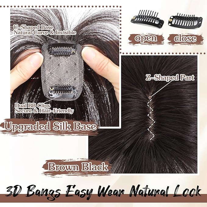 Hair Toppers for Women Real Human Hair - 360° Coverage Brown Black Clip In Topper with Bangs for Thinning Hair Upgraded 4×6 cm Silk Base Ideal for Everyday Use